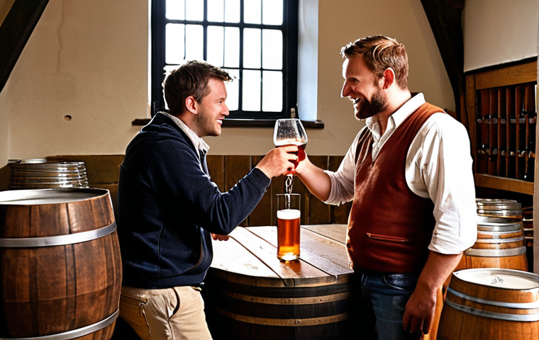**Prompt 1: The Alchemy of Collaboration**
Inside a bustling artisanal brewery in the Brabant countryside, gleaming copper stills stand beside elegant oak wine barrels. A passionate craft brewer and an equally enthusiastic winemaker, both mid-conversation, are holding up a unique glass of amber liquid, signifying a beer-wine hybrid. The scene captures innovative collaboration and the unexpected fusion of two distinct crafts. Warm, inviting lighting, detailed textures of wood and metal, with a subtle hint of the Dutch landscape through a window.